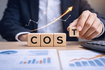 Business professional arranging wooden blocks spelling cost on office desk with financial documents calculator and rising arrow chart symbolizing expense control analysis and positive financial