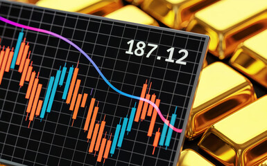 Digital financial chart showing a clear downward trend with value 187 point 12 This screen is over shining gold bars The scene conveys market decline investment risk and economic instability with brig