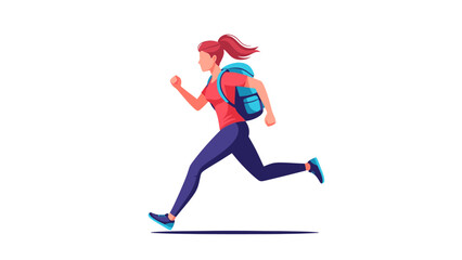 Fototapeta premium Woman with red hair running with a blue backpack on her back