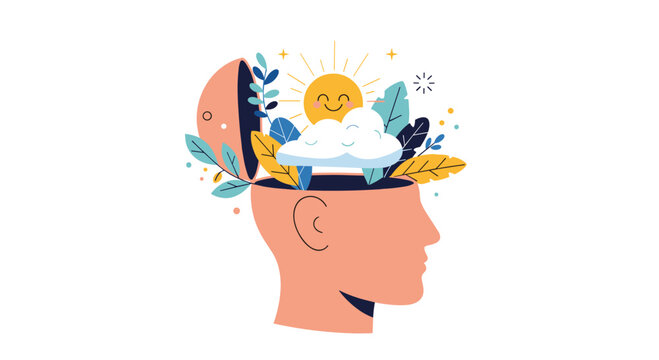 Creative illustration of an open human head containing a sunny sky, clouds and lush plants, symbolizing positive mental health and inner growth.