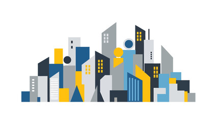 Abstract cityscape with geometric shapes and buildings in various colors and sizes