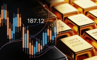 Shiny gold bullion bars symbolizing wealth investment combined with a digital candlestick chart displaying market trends and price 187 point 12 for financial analysis strategic trading