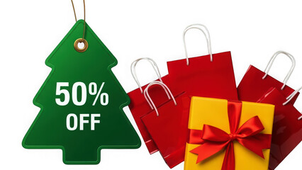 Christmas sale tag with gift bags isolated on transparent background