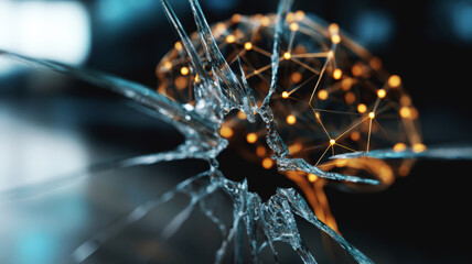 Intact Artificial Intelligence Brain Behind Fractured Glass Surface Showing Operational Risk