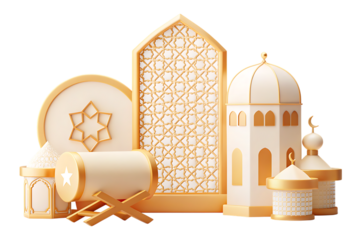 White and gold islamic architecture and decorative on white background isolated on a transparent background