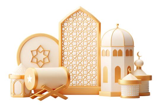 White and gold islamic architecture and decorative on white background isolated on a transparent background - Powered by Adobe