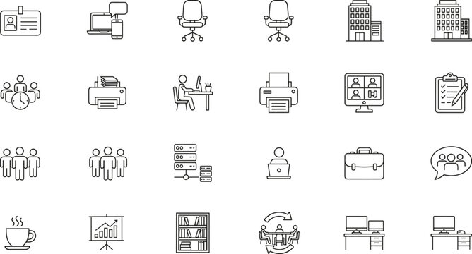 Collection of professional business and office line icons featuring remote team collaboration video conferencing corporate buildings office chairs printers and server data management symbols