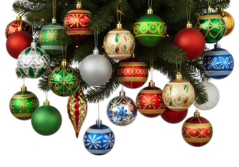 Vibrant Christmas ornaments hanging on tree branches