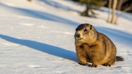 Snowy Marmot: A charming marmot basks in the sunlight on a pristine snowfield, casting a long shadow, a perfect image of winter wilderness.