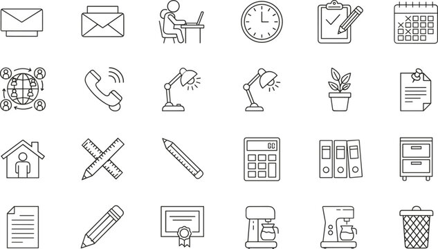 Comprehensive collection of home office and business administration line icons featuring remote work desk setup mail calendar filing systems and coffee break symbols