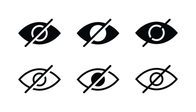 Eye crossed icon vector symbol set. Hidden eye slash icon. Invisible privacy symbol. Privacy, hidden eye, thin line symbols