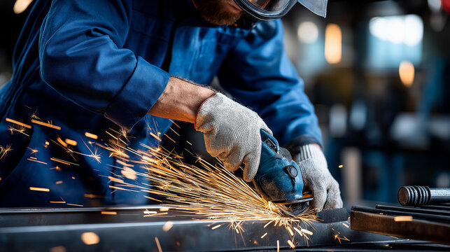 Faceless person in protective suit and gloves cutting pipe with grinder, workshop interior, metalworking safety, fabrication process, with copy space