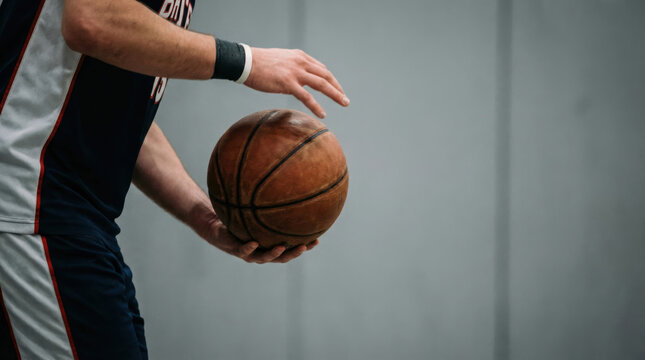 Close-up of a basketball player holding a ball before a dribble - Powered by Adobe