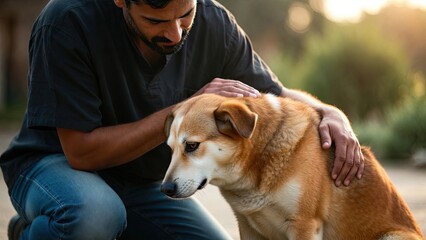 Compassionate man kneeling and gently petting a brown dog outdoors at sunset