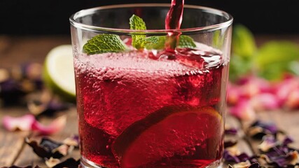 Vibrant red hibiscus tea or berry juice being expertly poured into a clear glass creating a refreshing and visually appealing cold beverage The glass is filled with sparkling ice cubes fresh green mi. - Powered by Adobe
