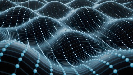 Abstract blue wave pattern connection lines and dots on black background