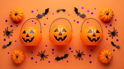Top view photo of halloween decorations pumpkin baskets bats, spiders, and mini pumpkins on a vibrant orange backdrop."