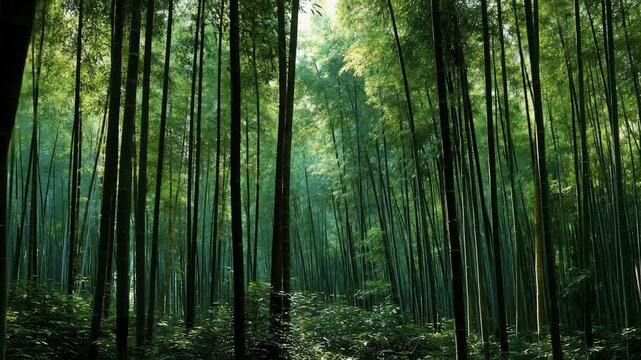 Ultra HD Sunlight filtering through a dense, lush green bamboo forest with tall, straight stalks and dappled light on the forest floor video