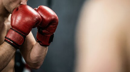 Boxer with red gloves in close-up sparring stance