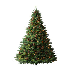 Fototapeta premium A lush, verdant pine tree adorned with glowing lights and pine cones