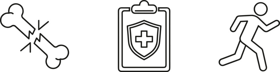 Obraz premium Medical and accident insurance line icons featuring broken bone fracture healthcare protection clipboard with shield and running man for sports injury and health recovery