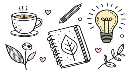 Creative workspace with coffee, notebook, and light bulb ideas