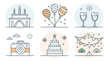 Celebration icons including birthday cake, balloons, and champagne © VectorAura