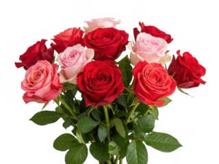 Vibrant bouquet of red and pink roses isolated on transparent background