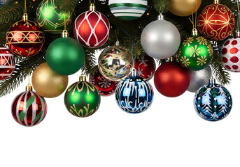 Vibrant Christmas ornaments on tree branches