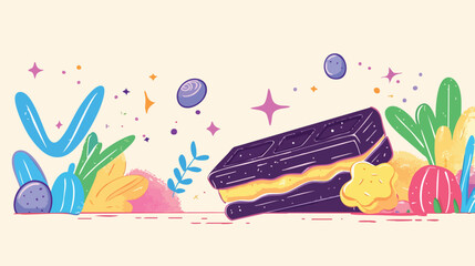 A vibrant illustration showcases a stylized sandwich with a colorful, whimsical design, set against a soft, textured background with playful botanical and star elements.