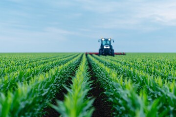 Fototapeta premium A large autonomous harvester is operating in expansive cornfields under a clear blue sky
