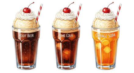 watercolor illustration of three classic soda floats (root beer, cola, orange) in vintage glasses, topped with vanilla ice cream, whipped cream, and cherries, on white background, nostalgic 1950s