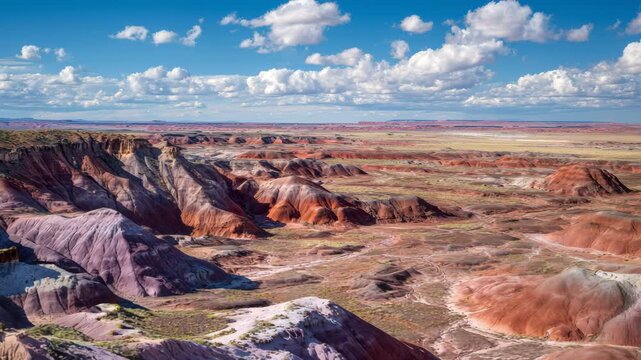 Ultra HD Vibrant painted desert landscape with colorful badlands formations under a bright blue sky with fluffy white clouds, arizona, usa video