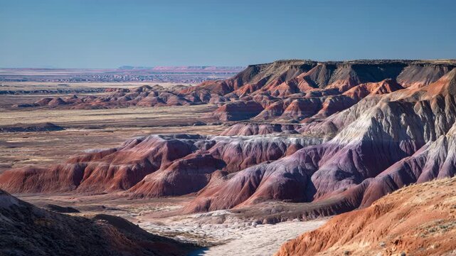 Ultra HD Painted desert badlands landscape with colorful eroded hills under clear blue sky, petrified forest national park, arizona, usa video