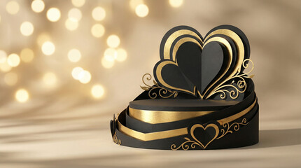 Elegant black and gold heart-shaped paper sculpture with intricate designs against a bokeh background