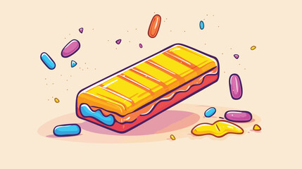 A vibrant cartoon illustration showcases a delicious, colorful candy bar with sprinkles and a playful, inviting design on a soft, neutral-toned background, perfect for fun concepts.