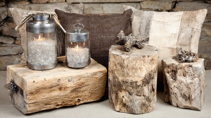 Rustic interior scene with candle lanterns, throw pillows, and wooden stumps.