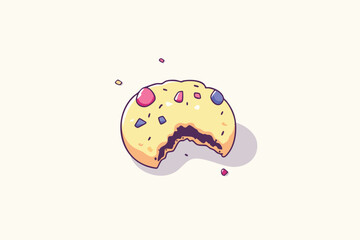 A charming illustration presents a partially eaten chocolate chip cookie, showcasing a delightful bite mark and colorful candy pieces against a clean, off-white background, perfect for food-related