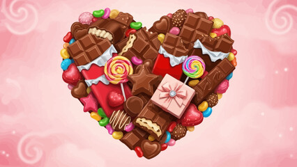 Heart-shaped arrangement of chocolates and candies symbolizing love and sweetness