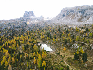 defaultMountain Lake - Lago di Limides Dolomites National Park Italy - Alpine landscape with mountains and lakes in autumn fall summer - panoramic aerial view