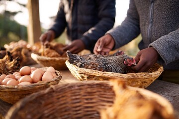 People feed chickens and collect eggs from baskets on a farm during daylight