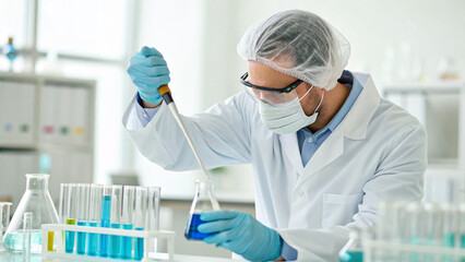 Scientist conducts an experiment with liquids in a laboratory setting during daytime, focused on research and analysis