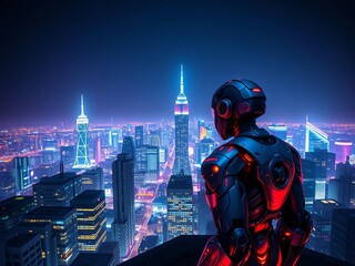 Cyborg warrior surveys neon cityscape from skyscraper roof,  female,  urban