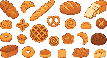 Bakery bread and pastry collection, cartoon baked goods icons, sweet desserts illustration, flat colorful vector food set