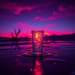 Crimson twilight bleeds into electric azure, casting a liquid glow on a chilled, crystalline beverage, a beacon of clean fuel in a synthetic savanna,  outdoor,  refreshment