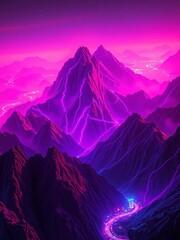 Crimson-veined peaks kiss violet electric haze, a stellar descent,  futuristic city,  cyberpunk mountains