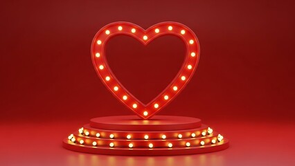 Red heart shaped light bulb sign on circular podium with warm glowing bulbs, valentine's day decoration, romantic ambiance, love symbol, illuminated heart, festive