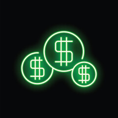 Obraz premium Green neon glowing dollar sign increasing, getting bigger concept for financial growth
