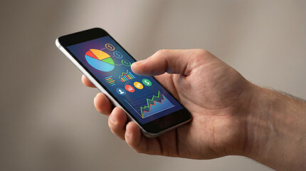 Person holding smartphone displaying colorful financial data and investment charts