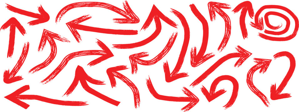 Various red brush drawn curved arrows. Red grunge brush hand drawn curved arrows.  Grunge rough direction shape for design.